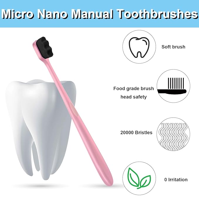 Patelai 8 Pcs Extra Soft Toothbrush Micro Nano with 20, 000 Ultra Soft Bamboo Charcoal Bristles for Adult, Sensitive Gum, Brace and Gum Recession(Black, White, Pink, Green Handle with Black Bristle)