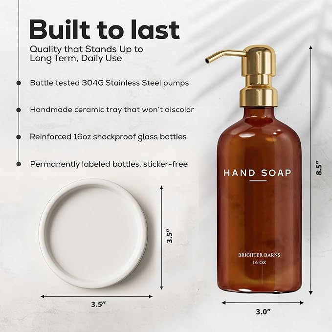 Luxury Glass Hand Soap Dispenser Bathroom Set by Brighter Barns - Refillable Liquid Hand Soap Dispenser Set for Kitchen - Gold Bathroom Decor and Accessories for Airbnb, Spa, Hotel, Gifts (Amber/Gold)