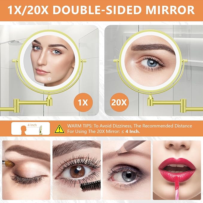 1X/20X Wall Mounted Makeup Mirror with Light, 8" Rechargeable Double-Sided Magnifying Mirror, Vanity Mirror Dimmable 3 Color Light, 360° Extension Rotation Foldable 14.5 Inch Arm for Bathroom