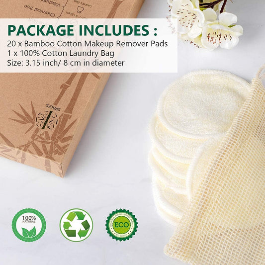 20 Packs Organic Reusable Makeup Remover Pads, Washable Bamboo Cotton Rounds for All Skin Types with Cotton Laundry Bag