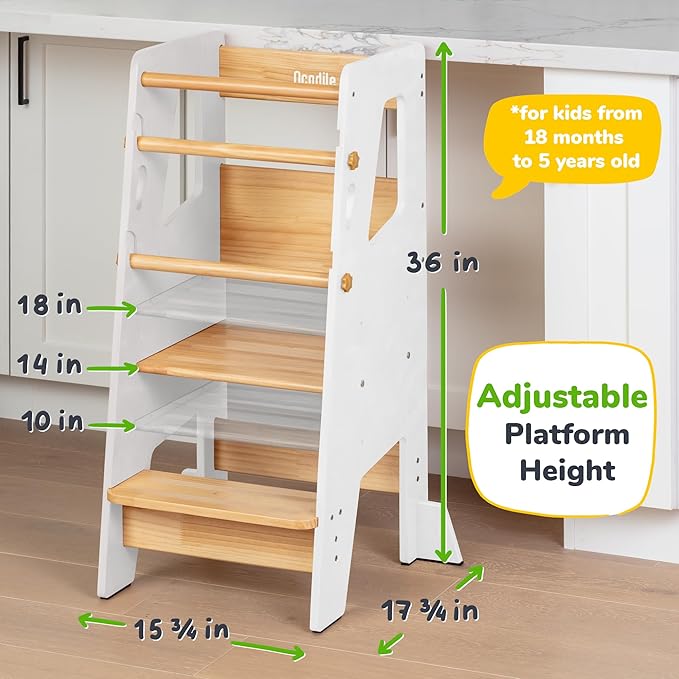 OCODILE Toddler Standing Tower - Adjustable Height Toddler Kitchen Stool Helper - Ideal Kids Kitchen Step Stool for Learning New Skills - Updated Design with Safety Feet - White
