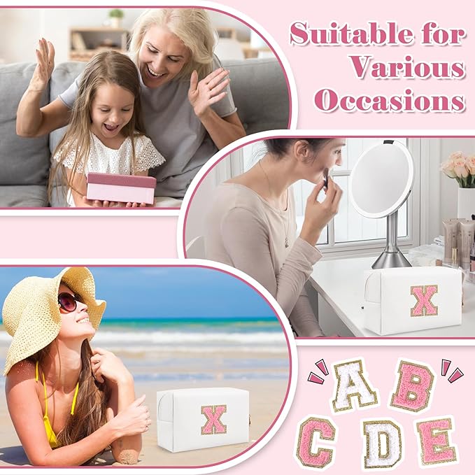 Personalized Makeup Bag Initial A-Z Preppy Patch Bag,Small PU Leather Travel Cosmetic Bag Pouch with Zipper,White Cute Toiletry Bag,Gift Ideal for Teen Girls Women Birthday Friend Mom,Letter X