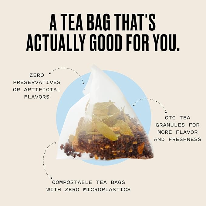 Kolkata Chai - Decaf Chai Tea Bag, 15 Count, Premium Assam Black Tea and Spices, Compostable Tea Bags, Vegan, All Natural