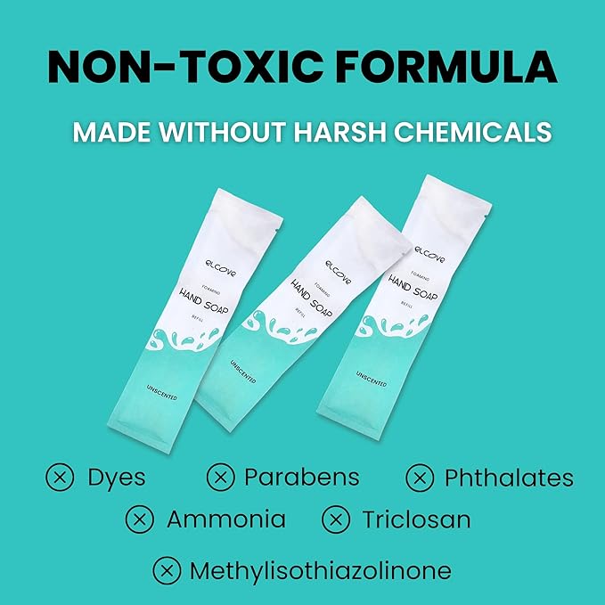 Foaming Unscented Hand Soap Refills (5 Pack), Concentrated Powdered Hand Soap, Makes 5 Bottles of Eco Friendly, Non Toxic, Plastic Free Fragrance Free Foaming Hand Wash