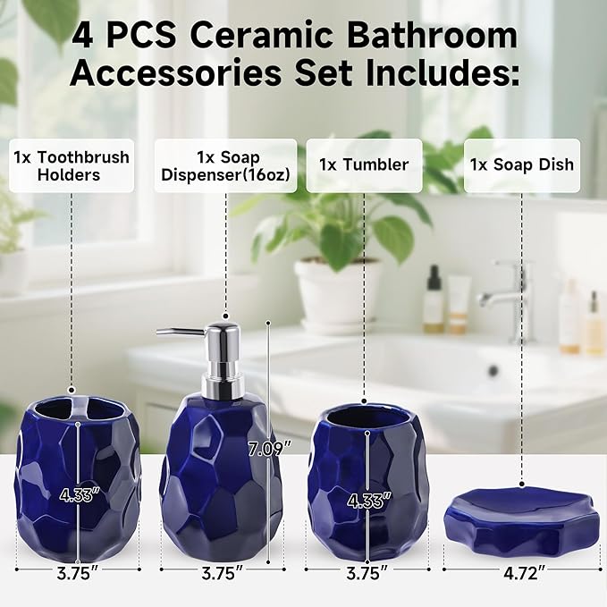 Ceramic Bathroom Accessories Set 4 PCS,Bathroom Toothbrush Holder Set,Soap and Toothbrush Holder Set,Include Toothbrush Holder,Soap Dispenser,Tumbler,Soap Dish,Bathroom Sets Decor Organizer(Navy Blue)
