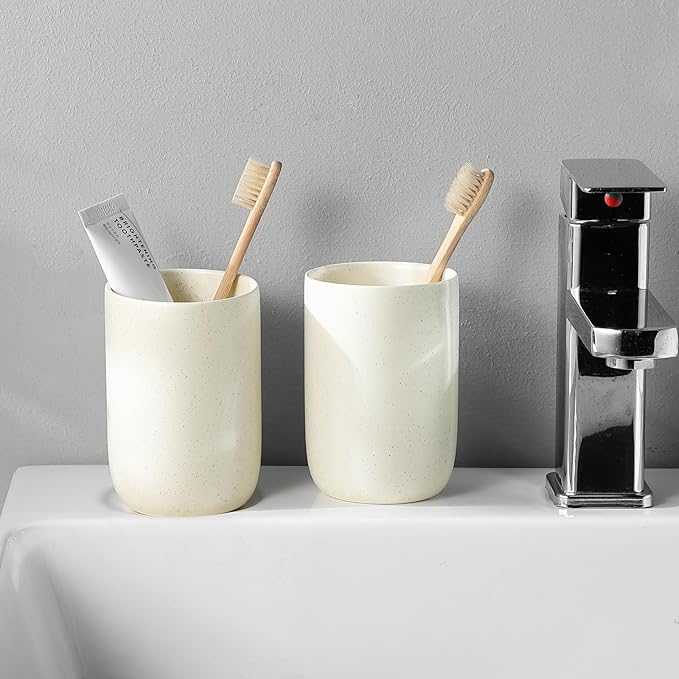 Toothbrush Holder for Bathrooms - 1 Cup Ceramic Toothbrush Toothpaste Holder, Beige Bathroom Tumbler Cup Reusable Toothbrush Mouthwash Cup, Bathroom Counter Organizer