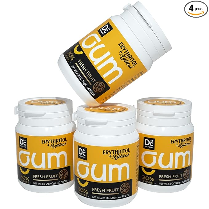 DC24 DAILY CARE Xylitol Gum, Aspartame Free & Sugar Free Chewing Gum for Dry Mouth, Low-Calorie with Erythritol, Sugarless, Fresh Fruit Flavor, 60-Piece Pack, 4 Packs