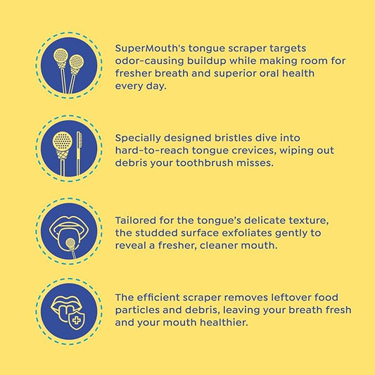 SuperMouth® Single Scoop Tongue Scraper for Toddlers & Kids Ages 2-5 – Dual-Sided Brush & Scraper Removes Odor-Causing Buildup, Fights Bad Breath, Gentle Easy-Grip Design, 3 Scents, Early Oral Care