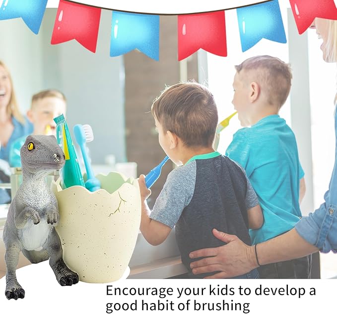 FlidRunest Dinosaur Kids Toothbrush Holder Tooth Brush Organizer for Bathroom - Sturdy Resin Dino Tooth Brush Holder - Easy to Clean - Dinosaur Bathroom Decor for Birthday, Children's Day-Grey