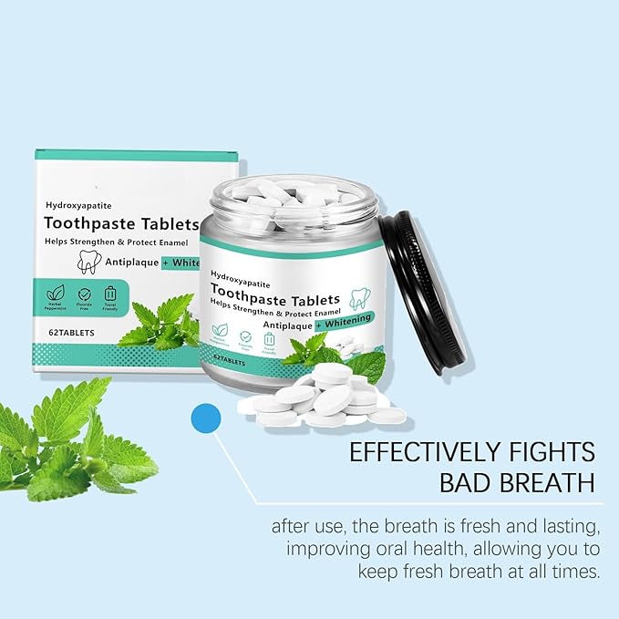Chewable Whitening - Nano Hydroxyapatite Toothpaste for Sensitive Teeth & Antiplaque -, Natural Peppermint, Fluoride Free - Strengthen & Protect Enamel - Fresh Breath，62pcs