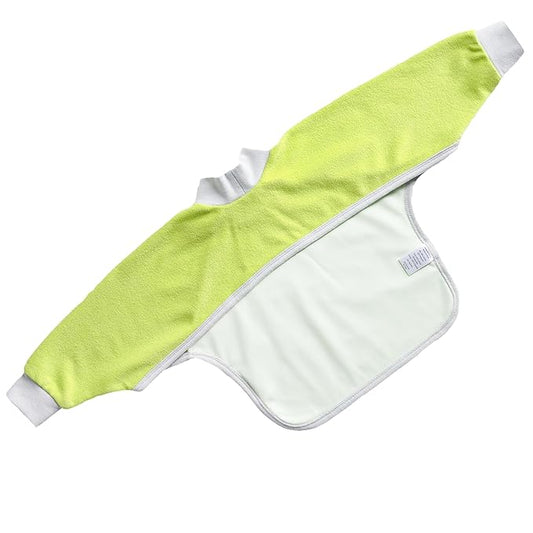 Kiddologic Bibit-all Baby Feeding Bib, Long Sleeves with Ribbed Cuffs and High Collar, Stretchy Pullover Smock, Soft Absorbent Terry, Waterproof Lining, Unisex Infant 6-12 Months, Fresh Lime (Green)