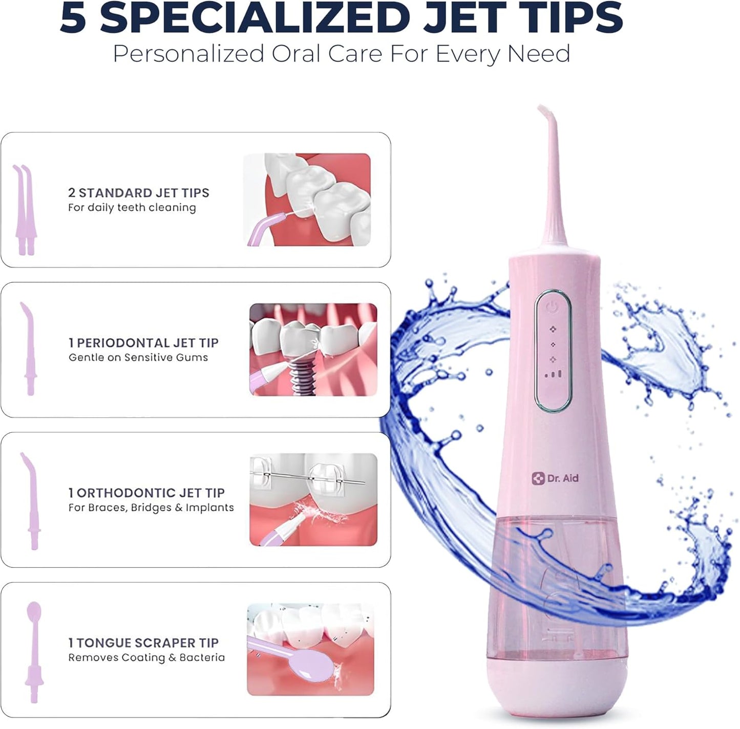 Dr. Aid Dental Water Flosser – Portable Oral Irrigator – 12Oz Tank, Water Filter, 5 Tips, Type C Charger – IPX8 Waterproof Cordless Water Flosser, Ideal Water Flossers for Teeth, Gums, Braces (Pink)