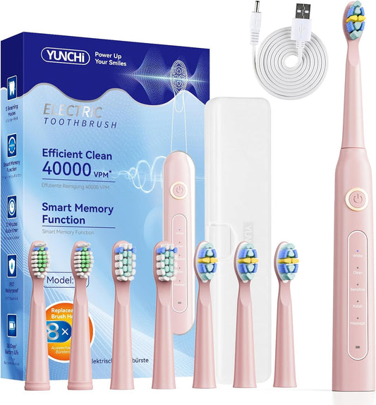 YUNCHI Electric Toothbrush Pink, Battery Toothbrush for Adults, Rechargeable Toothbrushs-8 Brush Heads, 5 Modes & 2 Min Smart Timer, IPX7 Waterproof,30 Days Battery Long,Travel Case