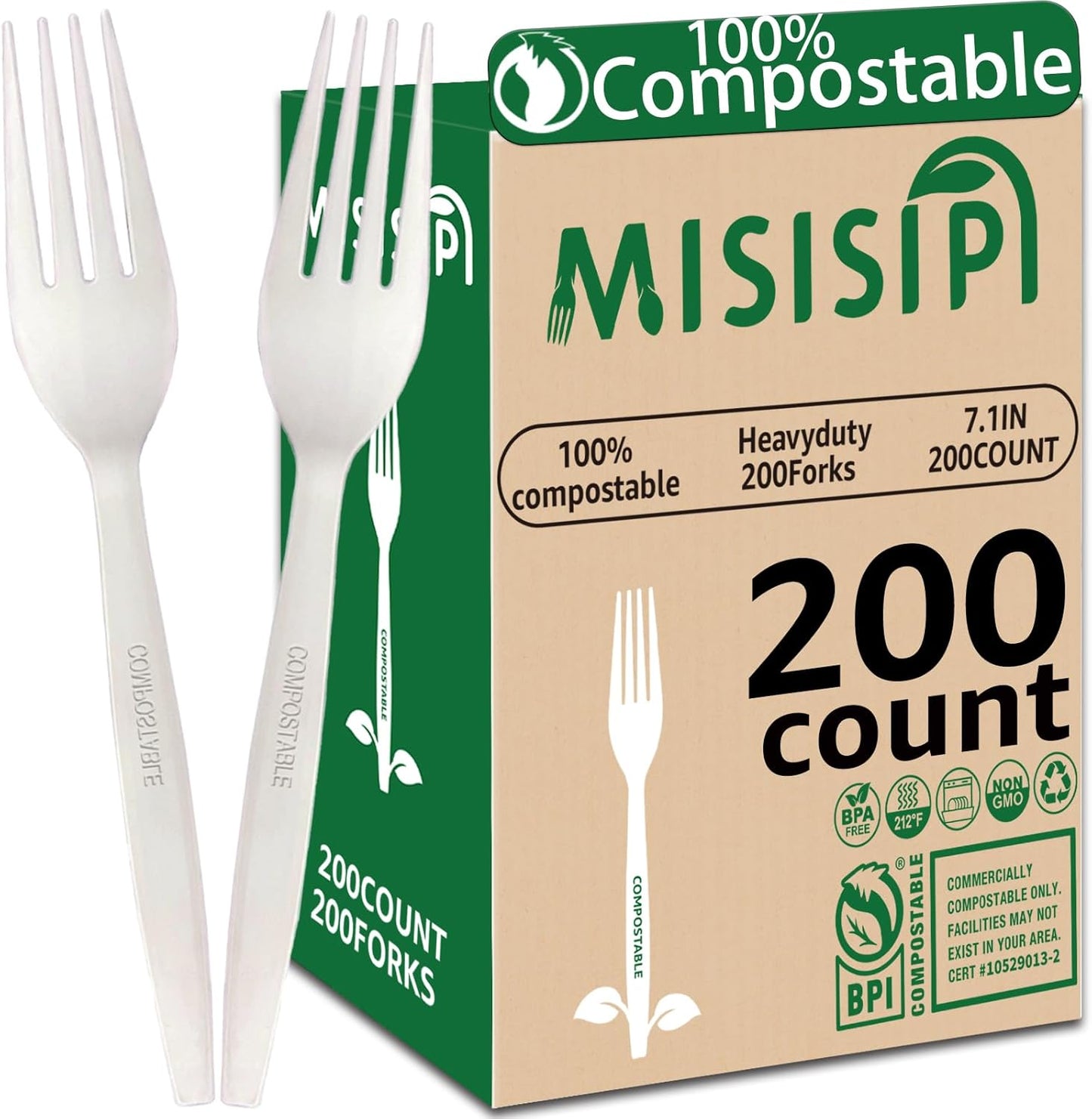 MISISIPI [7.1In 200Pcs] 100% Compostable Forks Biodegradable Forks HeavyDuty No Plastic Forks Eco-friendly HeavyWeight Disposable Forks Tableware Set for Lounge,Party,BBQ,Cafeteria,Wedding,Picnic