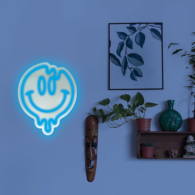 Smiley Face Neon Sign, LED Mirror Wall Light, Melting Smiley Face Decor for Girls, Cool Large Neon Sign for Room or Wall Decoration