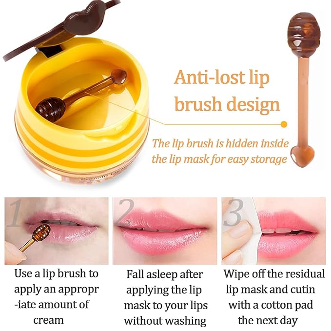 3 PCS Bee Lip Balm Lip Mask Honey Pot, Honey & Strawberry & Watermelon Lip Sleeping Mask Overnight Moisturizing Honey Lip Balm, Hydrating Prevention Dry & Cracked Lip Scrubs Lip Care