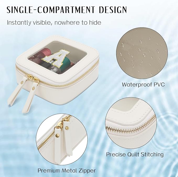 Initial Travel Toiletry Bag - Cosmetic Bags for Girls with Zipper, Clear & Potable Girls Makeup Bag for Travel, Small Cosmetic Pouch Perfect Gifts for Graduation (Beige, A)