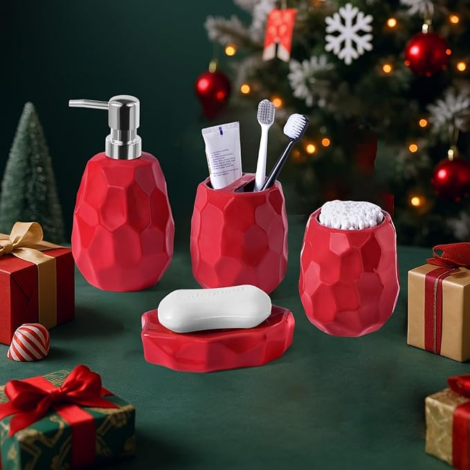 Ceramic Bathroom Accessories Set 4 PCS,Bathroom Toothbrush Holder Set,Soap and Toothbrush Holder Set,Include Toothbrush Holder,Soap Dispenser,Tumbler,Soap Dish,Bathroom Sets Decor Organizer (Red)