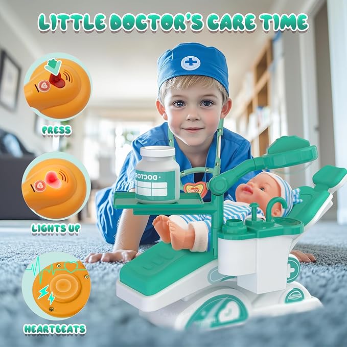 Toy Doctor Kit for Toddlers, Kids Dentist Play Set with Dentist Chair, Doll Toy, Stethoscope, Large Carrying Storage Bag, Dental Accessories, Pretend Doctor Play Medical Gift for Boys Girls(Green)