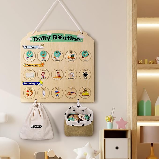 Wooden Visual Schedule for Kids 3-6 Year Old - Three Rows Hanging Daily Schedule Chart for Home & Classroom - Morning Bedtime Routine Chart Chore Reward Chart for Toddlers - Autism Learning Materials