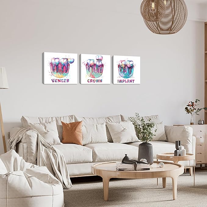 KLVOS Medical Wall Art Print Abstract Colorful Tooth Picture Dental Treatment Teeth Medical Canvas Prints Art Decor Great Gift for Dental Clinic Hospital Chemist Stretched Ready to Hang 12"x12"x3pcs