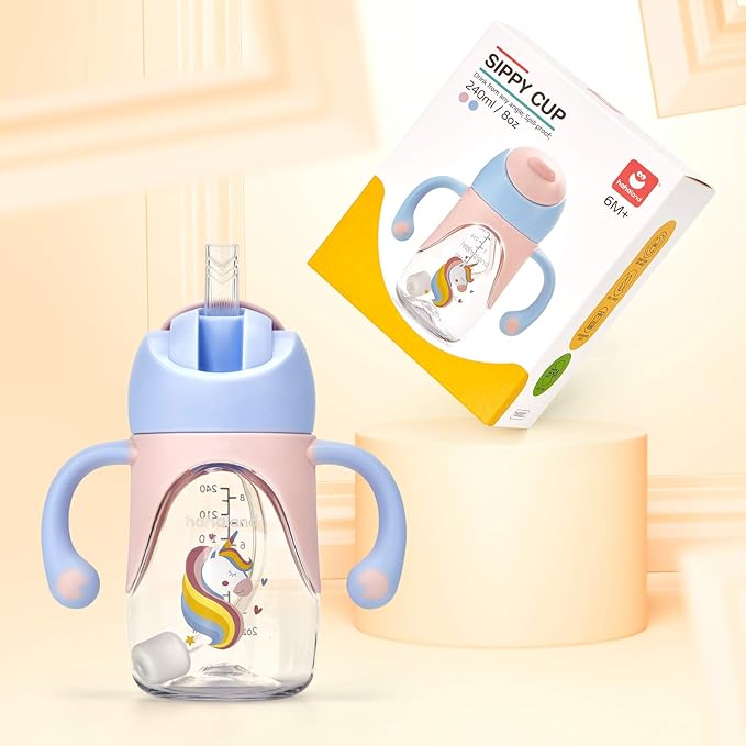hahaland Sippy Cups for Baby 6-12 Months - 2 in 1 Spout & Straw Unicorns Sippy Cups for Toddlers 1-3 No Spill Transition Weighted Straw Cup (1 Cup with 2 Nipples) Baby First Christmas Gifts