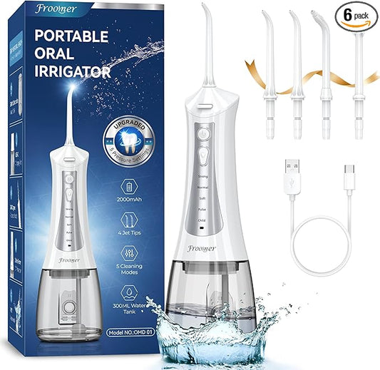 Froomer Cordless Water Flosser – Rechargeable Portable Electric Water Flosser for Teeth, Braces, 5 Modes, IPX7 Waterproof, Travel Friendly, 300ml, White
