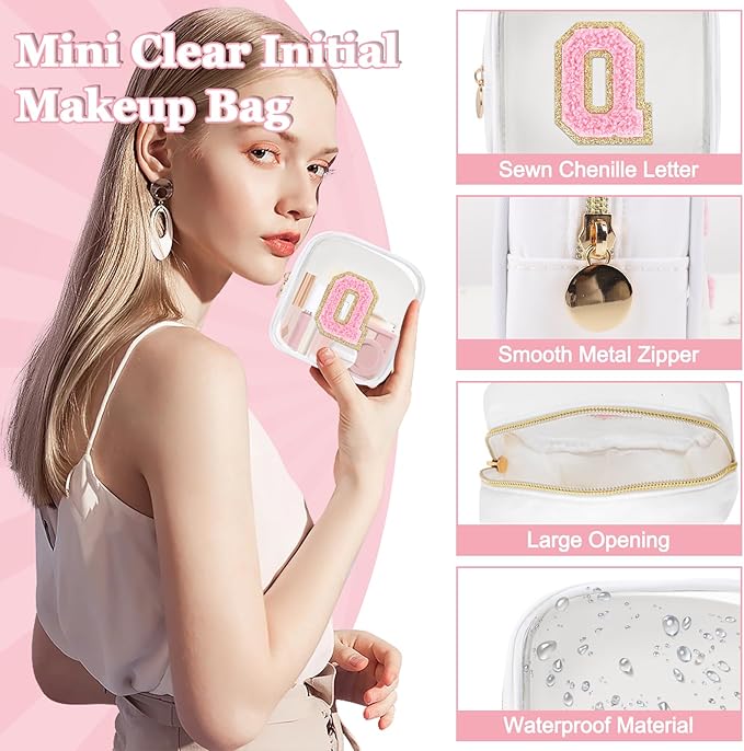 Mini Clear Personalized Initial Makeup Bag,Small Nylon Waterproof Zip Beach Cosmetic Pouch,Preppy A-Z Chenille Letter Patch Cute Coin Purse Travel Toiletry Bag Car Pack Bag for Women(White-Pink Q)