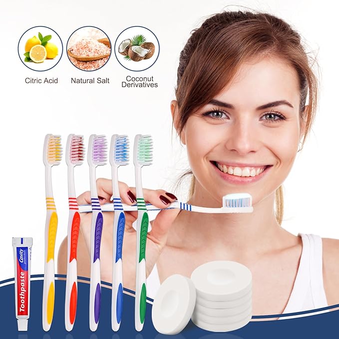 100 Set Disposable Toothbrushes with Toothpaste and Soap Individually Wrapped, 100 pcs Toothbrushes 5 Colors with 100 pcs Bar Soap(0.5 oz)