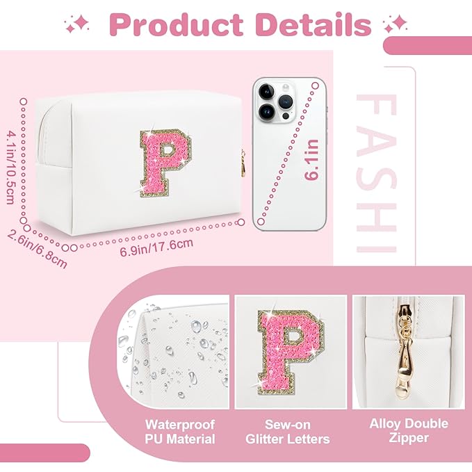 Small Personalized Initial A-Z Patch Makeup Bag,White Cute PU Leather Glitter Letter Cosmetic Bag for Teen Girls,Travel Toiletry Bag with Zipper,Preppy Monogrammed Birthday Gift for Daughter Niece P