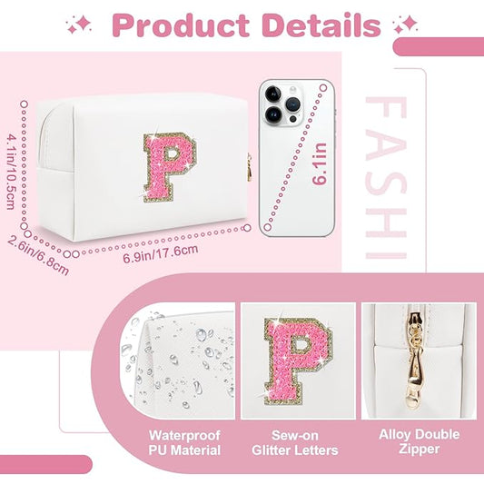Small Personalized Initial A-Z Patch Makeup Bag,White Cute PU Leather Glitter Letter Cosmetic Bag for Teen Girls,Travel Toiletry Bag with Zipper,Preppy Monogrammed Birthday Gift for Daughter Niece P