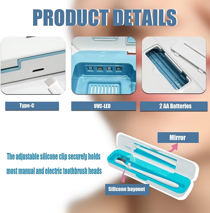 UV-C Toothbrush Case for Travel, Portable Toothbrush Case with Holder, USB-C or AA Battery Powered, Plastic Tooth Brush Container Cover for Household STB-062 Blue