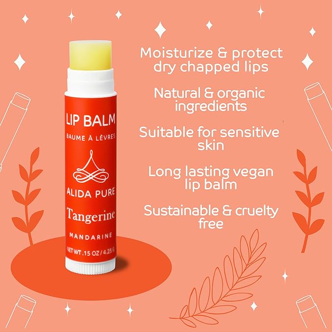 Tangerine Lip Balm, Vegan Set, Beeswax Free, with Organic Jojoba and Avocado Oil, Candelilla Wax, and Vitamin E, Natural Moisturizer For Dry, Chapped, or Cracked Lips, 3 Tube Set