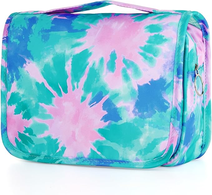 Tie Dye Hanging Toiletry Bag for Girls, Travel Toiletry Bag for Teen Girls Cosmetic Makeup Waterproof Wash Bag Traveling Toiletries, Green Teal