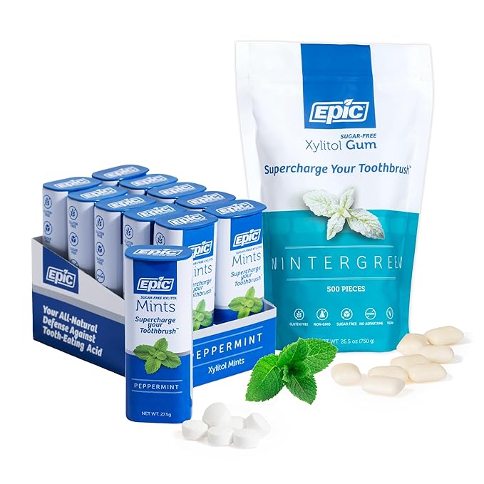 Epic Xylitol Wintergreen Chewing Gum & Peppermint Mints Bundle - 500 Pieces Wintergreen Gum & 550 Peppermint Mints - Sugar Free, Aspartame Free, Dentist-Recommended for Dry Mouth & Cavity Protection