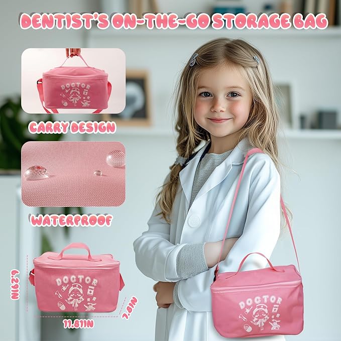 Toy Doctor Kit for Toddlers, Kids Dentist Play Set with Dentist Chair, Doll Toy, Stethoscope, Large Carrying Storage Bag, Dental Accessories, Pretend Doctor Play Medical Gift Kit for Girls(Pink