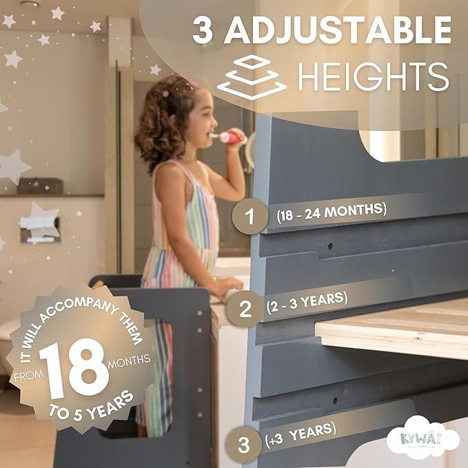 KYWAI® Toddler Kitchen Stool Helper, Adjustable Standing Tower with Safety Rails, Anti-Tip Design & Non-Slip Stickers, Sustainable Product with Extra Memory Game Made from Leftover Wood (Grey Blue)