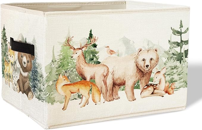 Rectangular Kids Storage Basket with Handles,Toy Baskets Storage Kids,Cute Animal Woodland Foldable Nursery Decorative Baskets for Kids Girls Room Dorm Bedroom Bathroom Clothes Toys Books