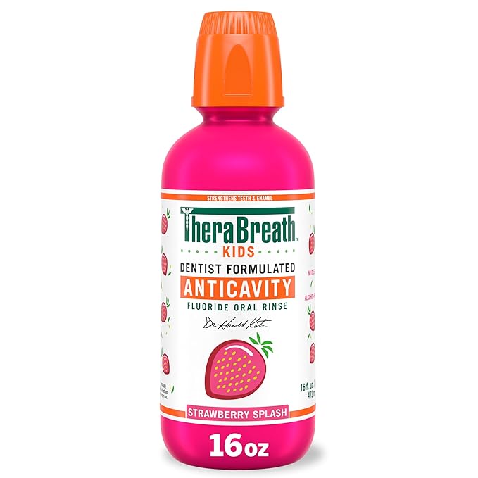 TheraBreath Kids Mouthwash with Fluoride, Organic Strawberry Splash, Anticavity, Dentist Formulated, 16 Fl Oz
