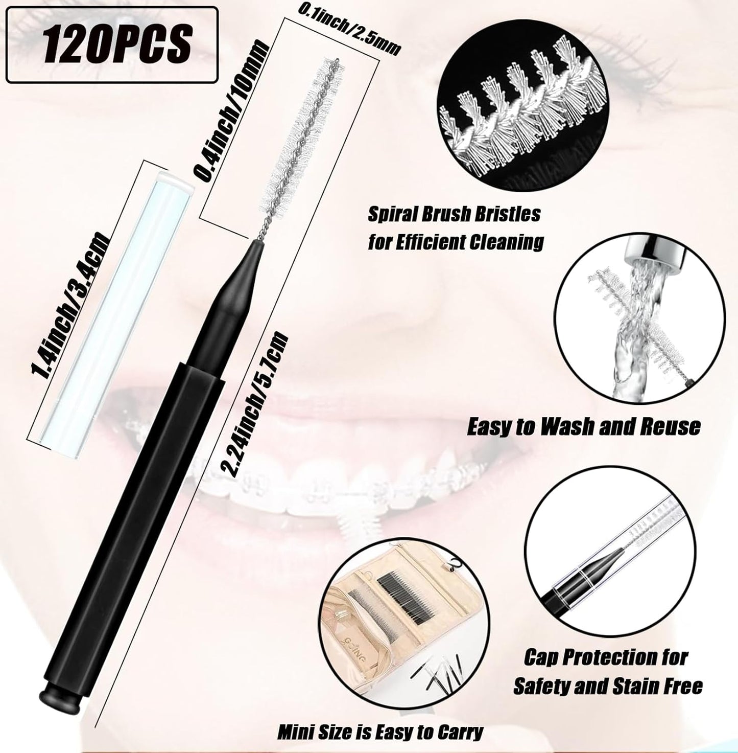 130-Count Interdental Brushes Set - Black & White Orthodontic Cleaning Kit with Spiral Brush Heads, Braces-Friendly Flossers & Toothpicks for Efficient Teeth & Braces Care