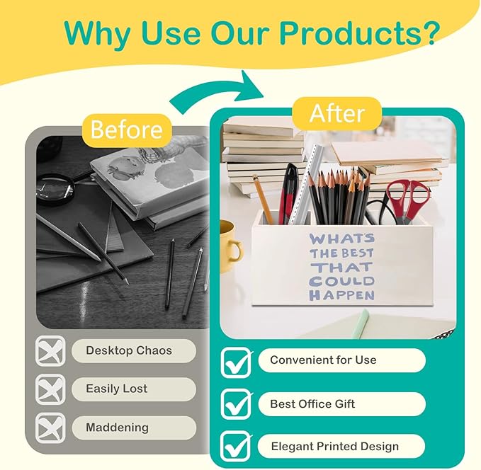 Daily Reminder Positive Affirmations Pen Pencil Holder for Desk, Preppy Light Blue What's the Best That Could Happen Wooden Box Decorative Sign for Home Office Desk Tabletop Decor