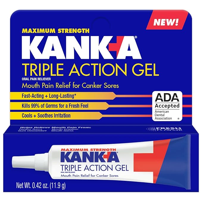 Kank-A Triple Action Gel, 0.42 oz, Maximum Strength Mouth Pain Relief Gel for Canker Sores, Triple Action Treatment, Fast Acting and Long-Lasting Pain Relief, Cools and Soothes Irritation, 0.42 oz