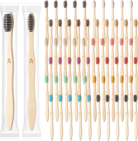 Sieral 60 Pcs 120 Pcs Bamboo Toothbrushes Bulk Soft Bristle Individually Wrapped Travel Toothbrush Eco Friendly Natural Wooden Tooth Brush for Kid Adult Home Travel Use, 7.5 Inch, 12 Colors (Letter)