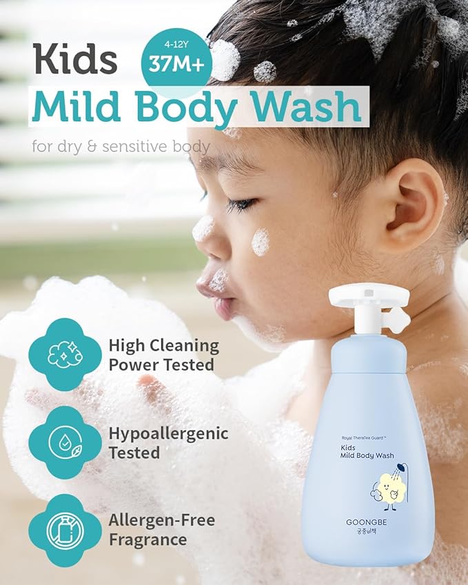 GOONGBE Kids' Bath Time Set - Korean Silky Shampoo & Mild Body Wash - Complete Hair & Body Care for Sensitive Skin - Low pH, Silicone-Free Formula - Allergen Free Scent, 10.1 fl.oz each