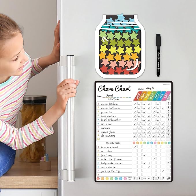 Magnetic Responsibilty Reward Chart for Kids - Magnetic Reward Jar with Stars Included - Ideal for Home Chore Tasks&Reward System