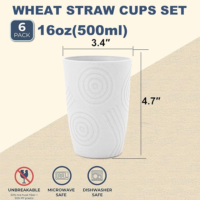 Wrova Wheat Straw Water Cups 16oz with Etched Pattern - Alternative Plastic Drinking Glasses Set of 6 - Unbreakable Tumbler Reusable Water Cups for Kids - White