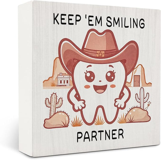 Western Vintage Dental Hygienist Wooden Signs,Wild West Tooth Wooden Box Sign,Cowgirl Dentist Dental Decor For Home Desk Tabletop Shelf Decoration 5x5 Inches