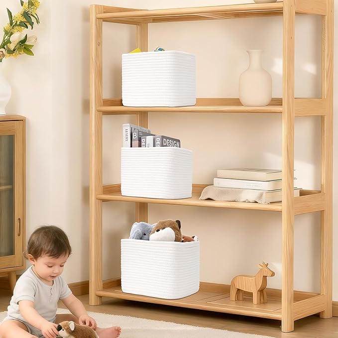 3 Pack Cube Storage Bin, 9”x9”x7” Cotton Rope Woven Baskets for Organizing Toys Clothes Towels, Square Gift Storage Baskets for Shelf, Nursery, Closet, Bathroom, Pantry (White)