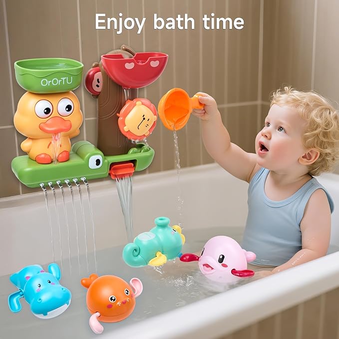 OR OR TU Bath Toys Bathtub Toys for Baby Toddler Waterfall Spinning Gears 4pcs Wind-up Swimming Bath Toy No Battery Water Toy for Kids 18M+