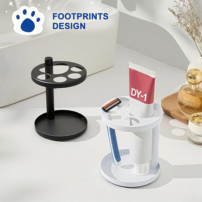 Metal Toothbrush Holder Stand for Bathroom: Stainless Steel Ventilated Organizer with Slots for Electric Toothbrushes, Toothpaste, Razors & Small Comb, Unique Footprint Base Design, White